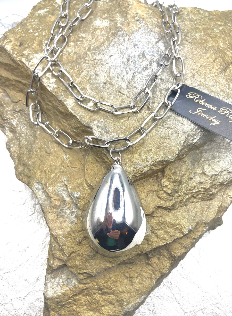 Silver Puffed Teardrop Necklace