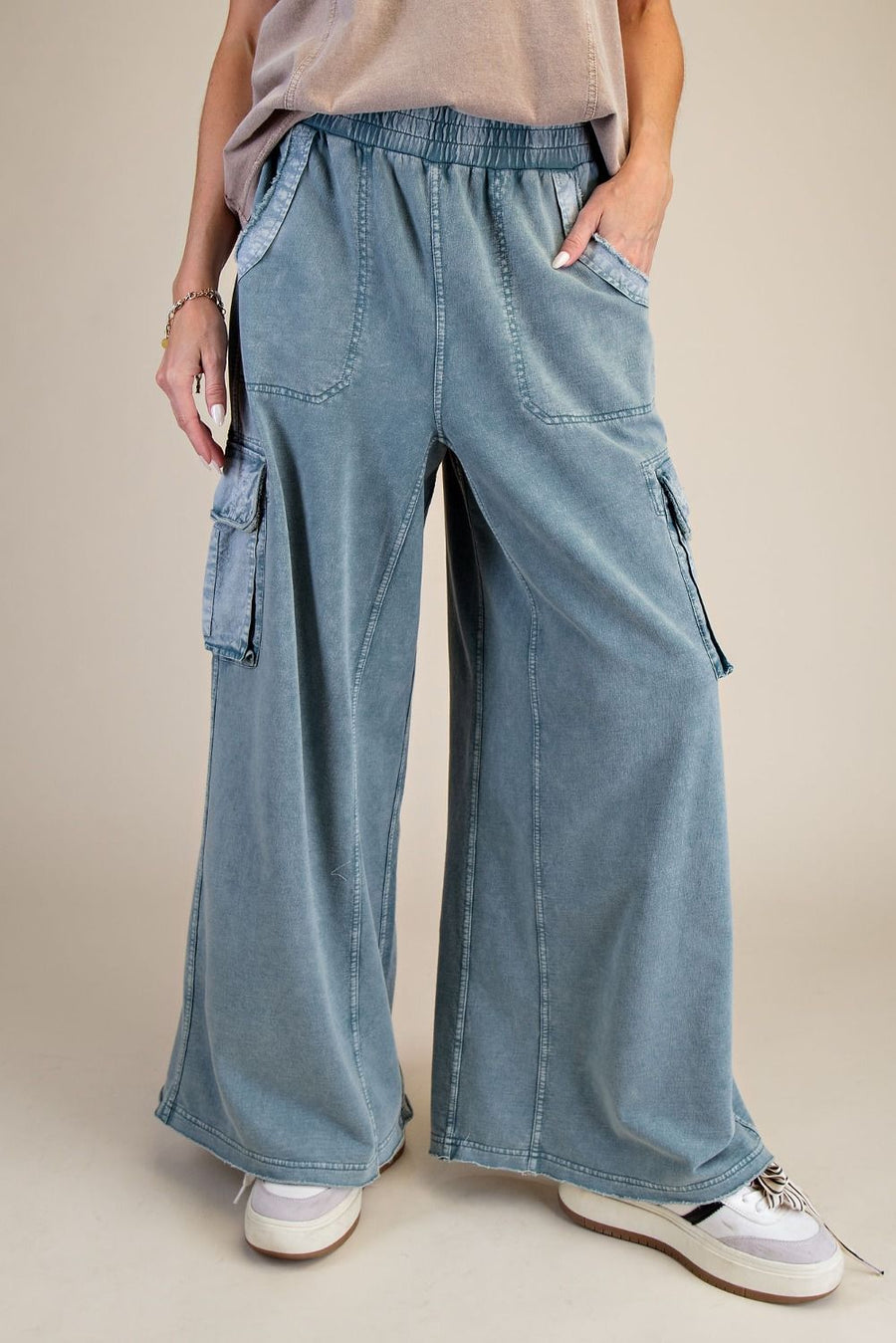 Washed Terry Cargo Pants- Teal