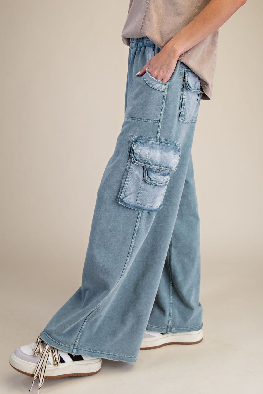 Washed Terry Cargo Pants- Teal