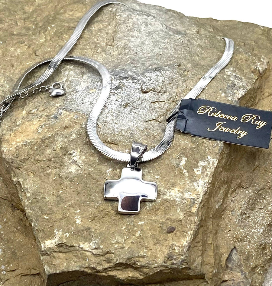 Stainless Steel Herringbone Necklace with Cross Charm