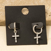 Gold Dipped Cz Baguette Cross Charm Hoop Earrings