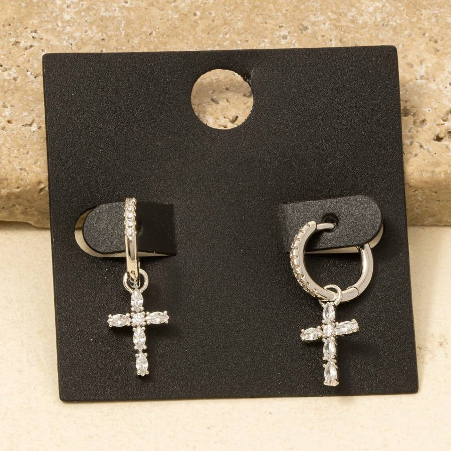 Gold Dipped Cz Baguette Cross Charm Hoop Earrings