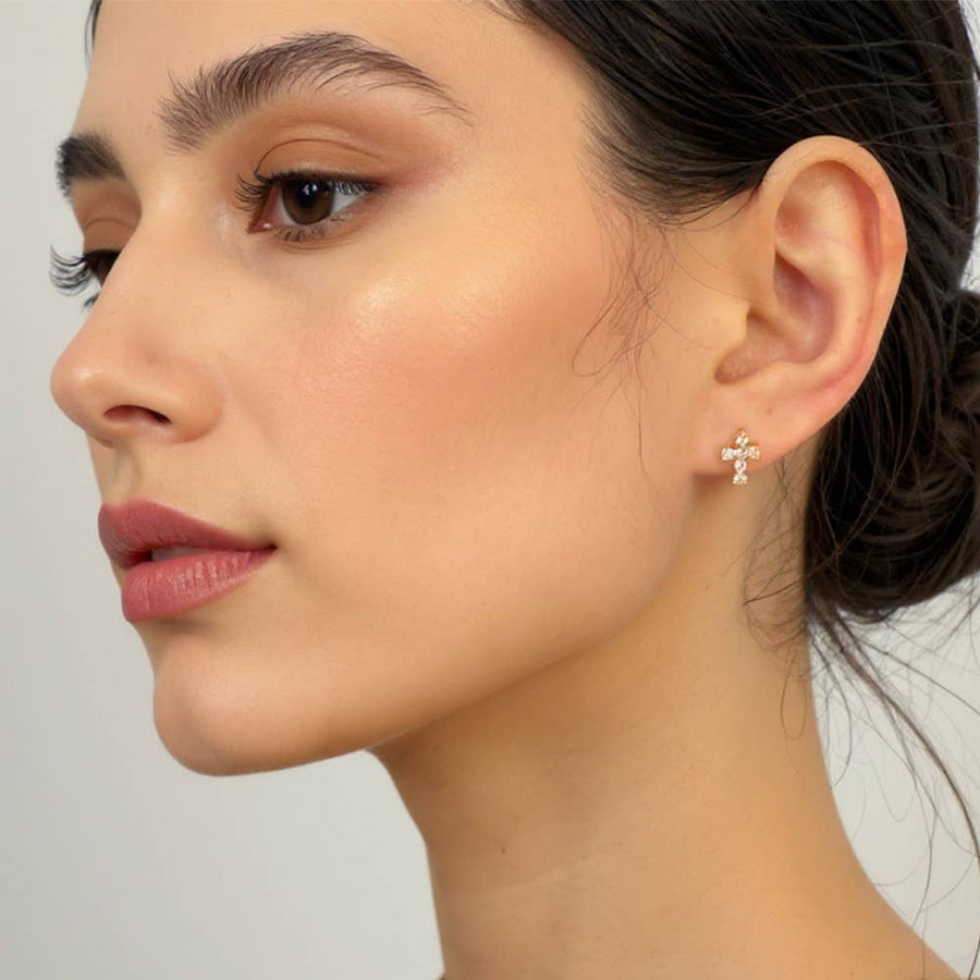 14K Gold Dipped CZ Stone Cross Mini Stud Earrings