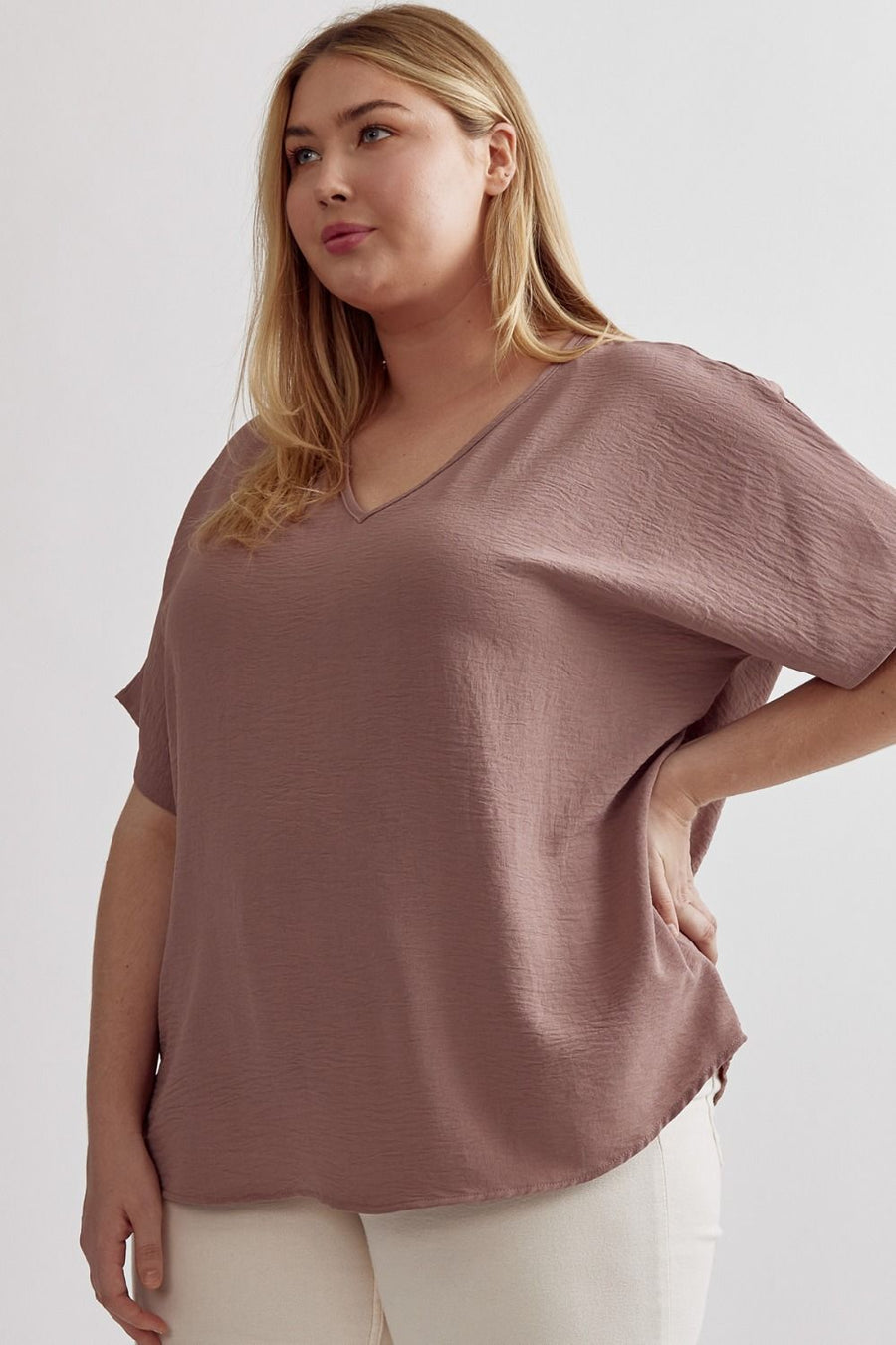 Plus Size V-Neck Loose Top- Mocha