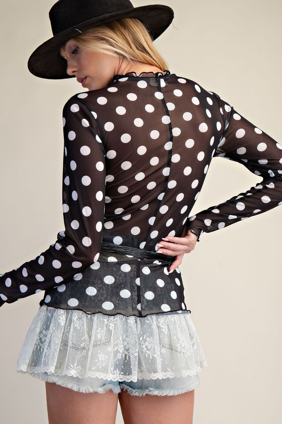 Polka Dot Mesh Top-Black