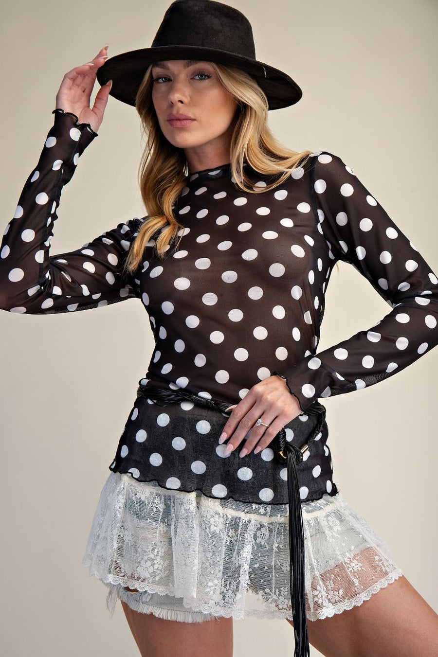 Polka Dot Mesh Top-Black