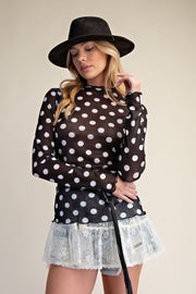 Polka Dot Mesh Top-Black
