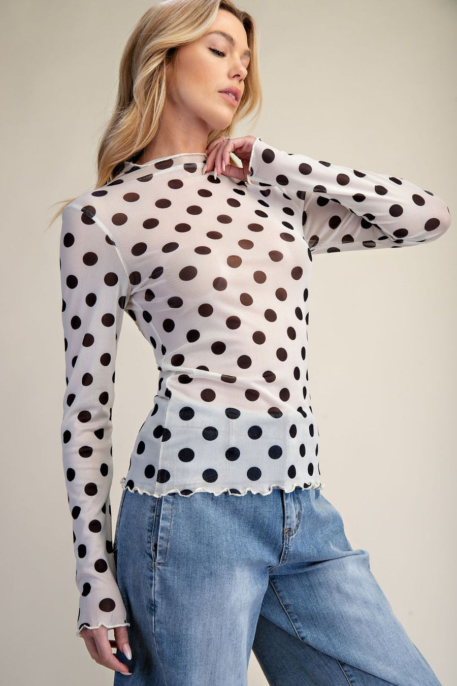 Polka Dot Mesh Top-Ivory