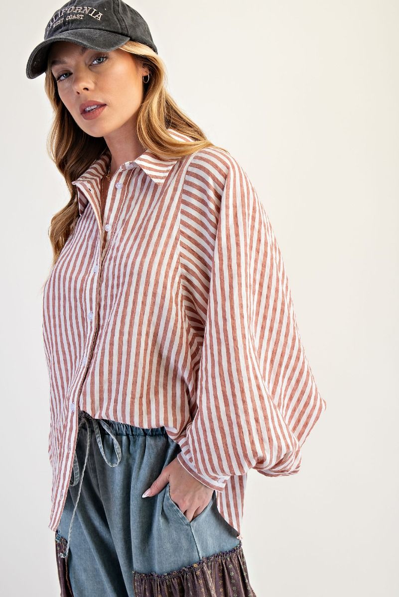 Striped Loose Button Down-Brick