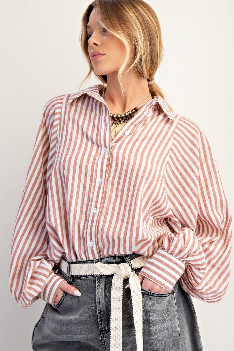 Striped Loose Button Down-Brick