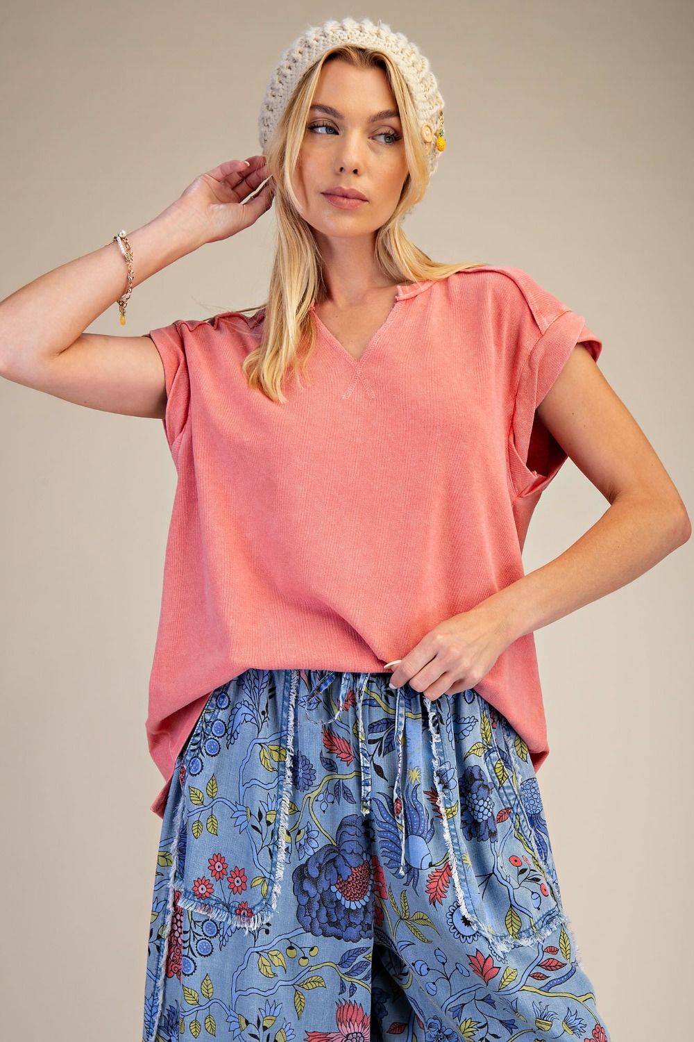 Cap Sleeve Mineral Washed Top- Coral