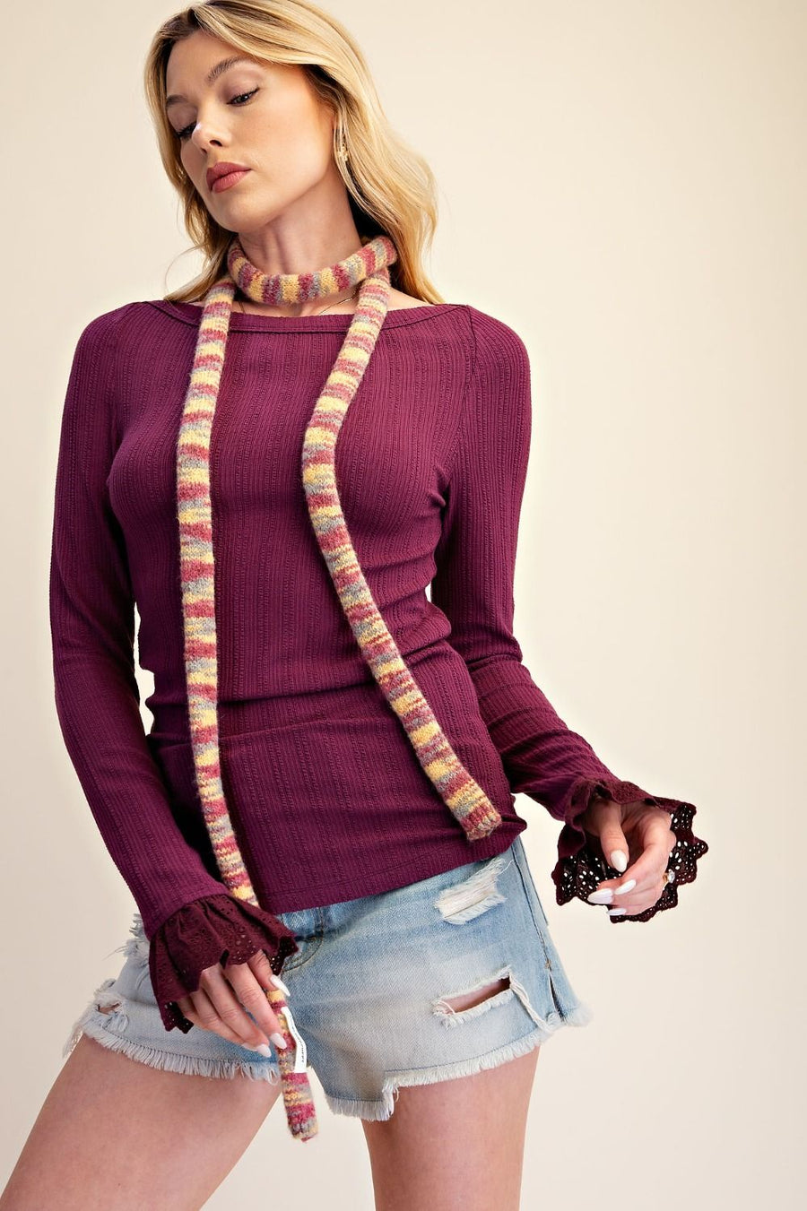Lace Cuff Top-Eggplant