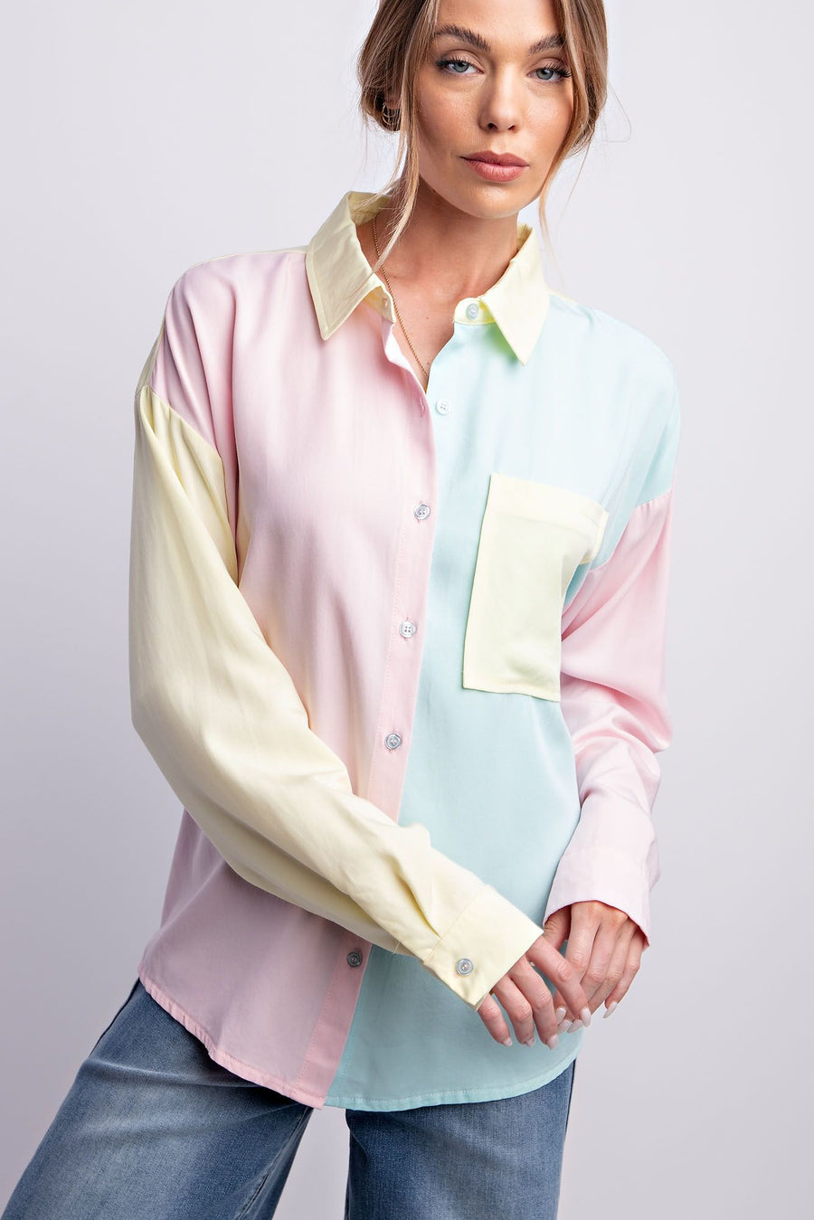 Color Block Button Down Top