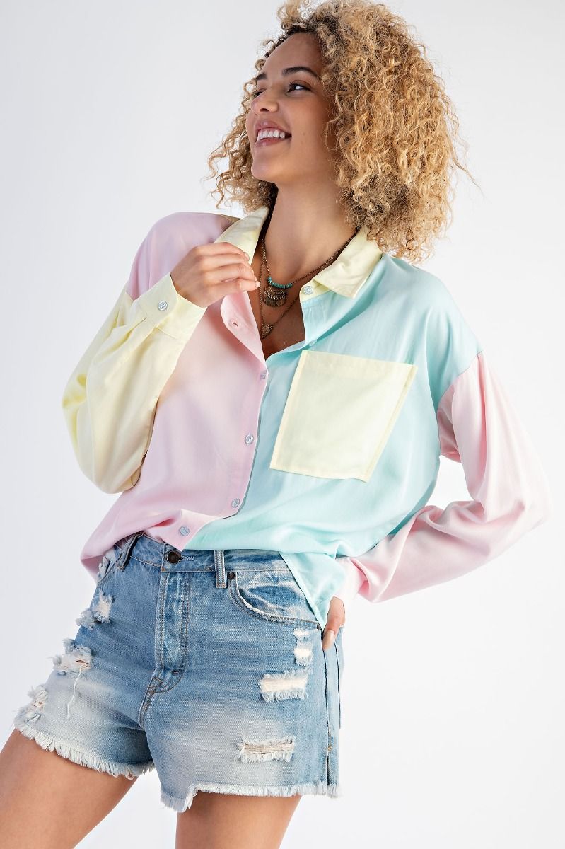 Color Block Button Down Top