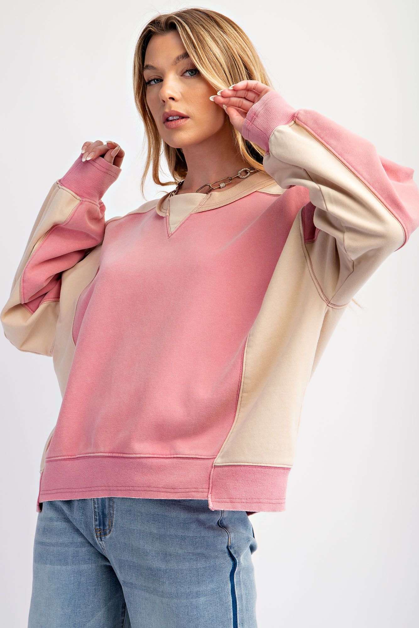 Pink Color Block Terry Pull Over