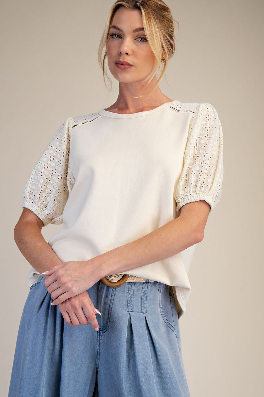 Eyelet Sleeve Top- Ivory