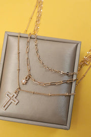 MULTI LAYER  RHINESTONE CROSS PENDANT NECKLACE