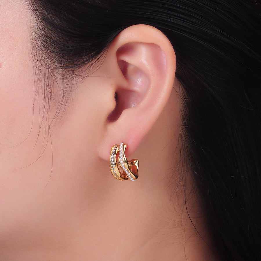 24K Gold Filled CZ Pearl Double Band Hoops