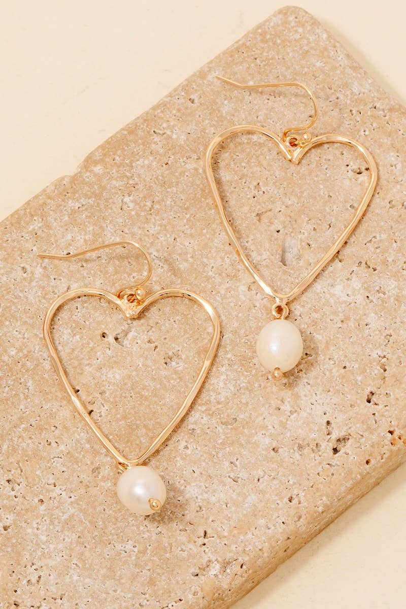 Pearl Charm Wire Heart Dangle Earrings