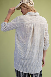 Embroidered Striped Button Down Top