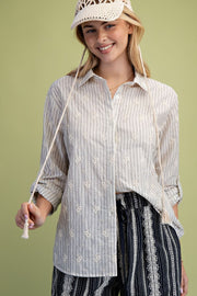 Embroidered Striped Button Down Top