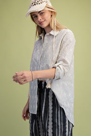Embroidered Striped Button Down Top