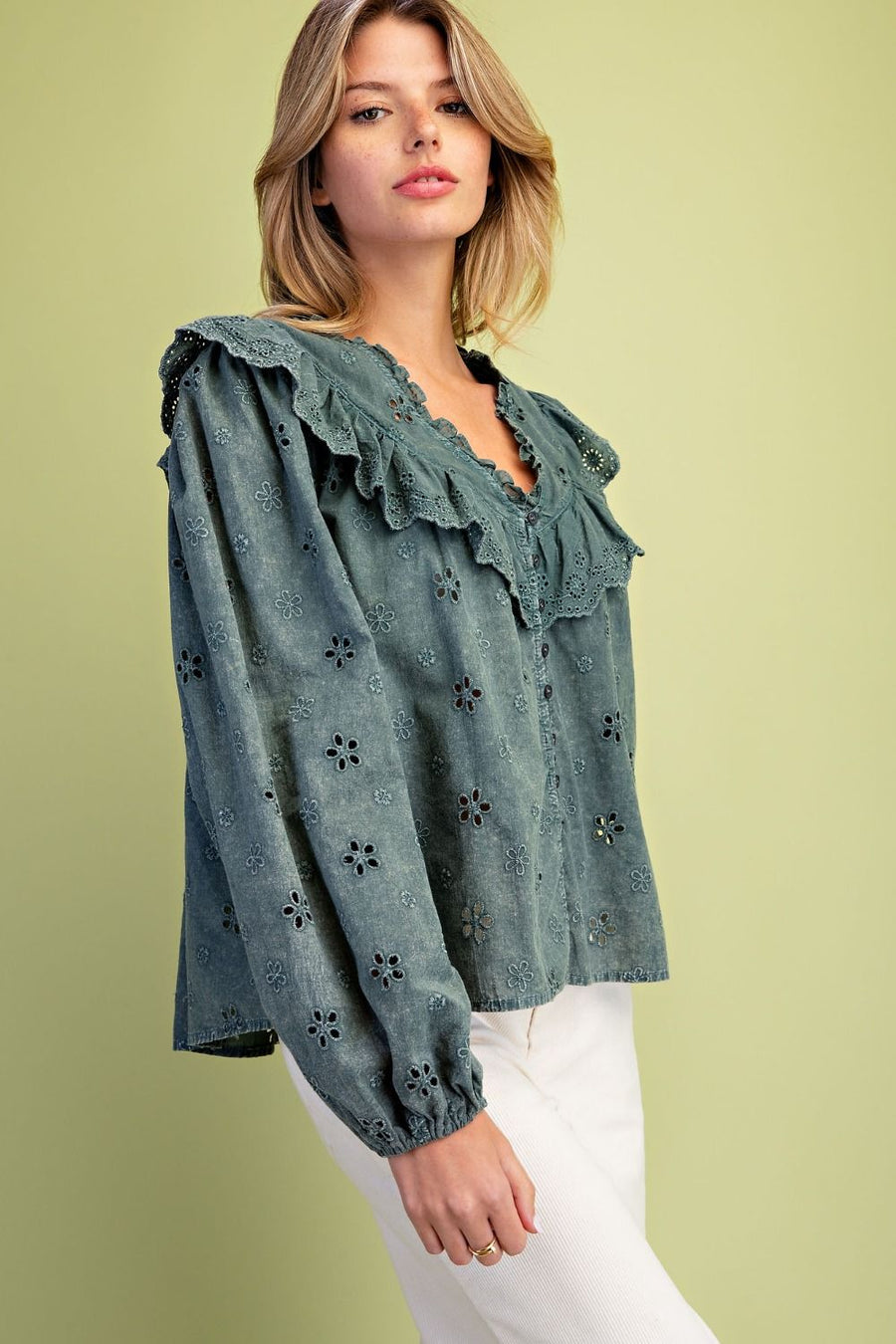 Washed Eyelet Top- Teal