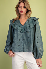 Washed Eyelet Top- Teal