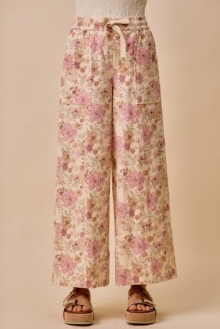 Floral Cotton Twill Elasticized Waist Wide Pants